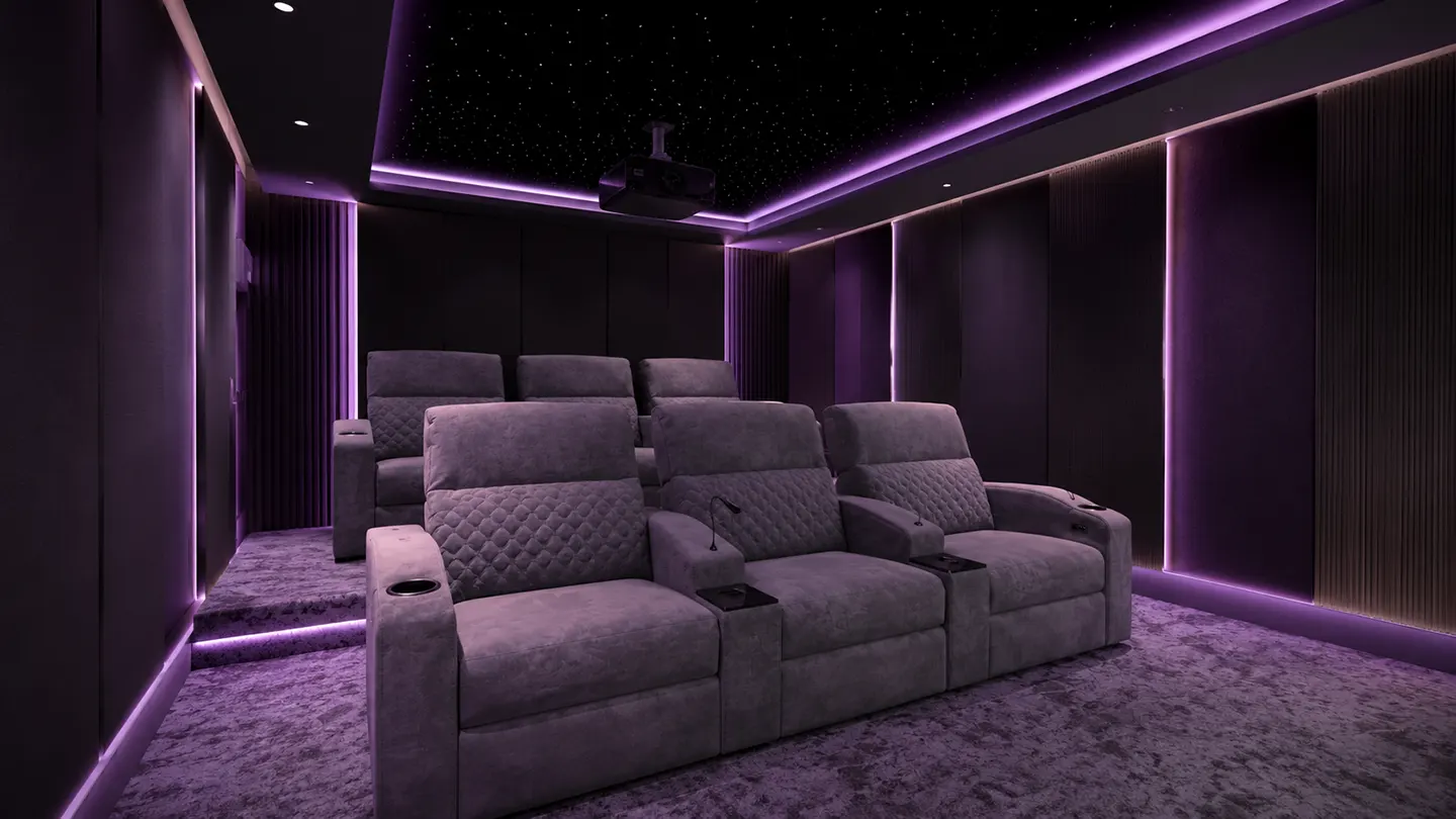 Ultraexperience sala cinema su misura Sala cinema privata su misura con tre file di poltrone in tessuto, luci perimetrali viola e cielo stellato