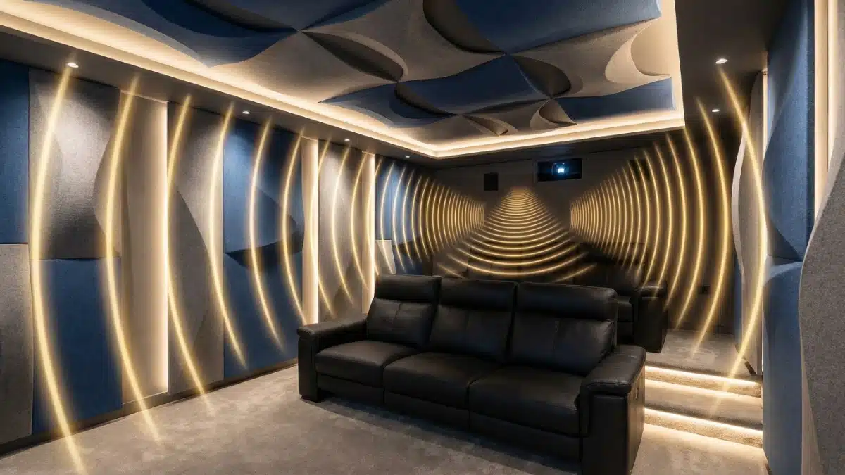 Trattamento acustico integrato nelle pareti di una sala home cinema