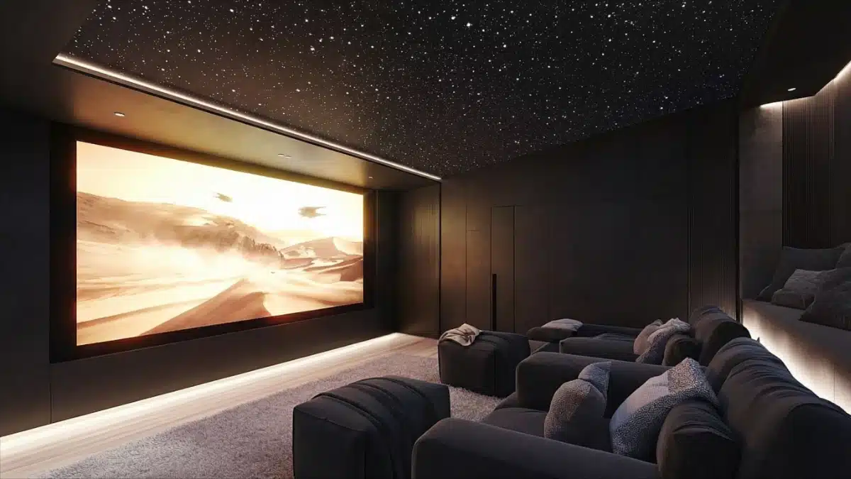Progettazione home cinema: sala dedicata con schermo, poltrone e superfici trattate