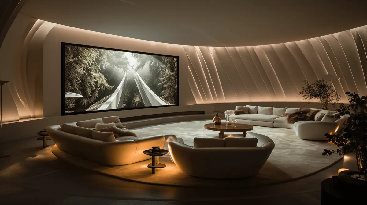 Architetti-e-lusso-ue Sala cinema di lusso a pianta curva con pareti sagomate, divani chiari e grande schermo integrato nell'architettura