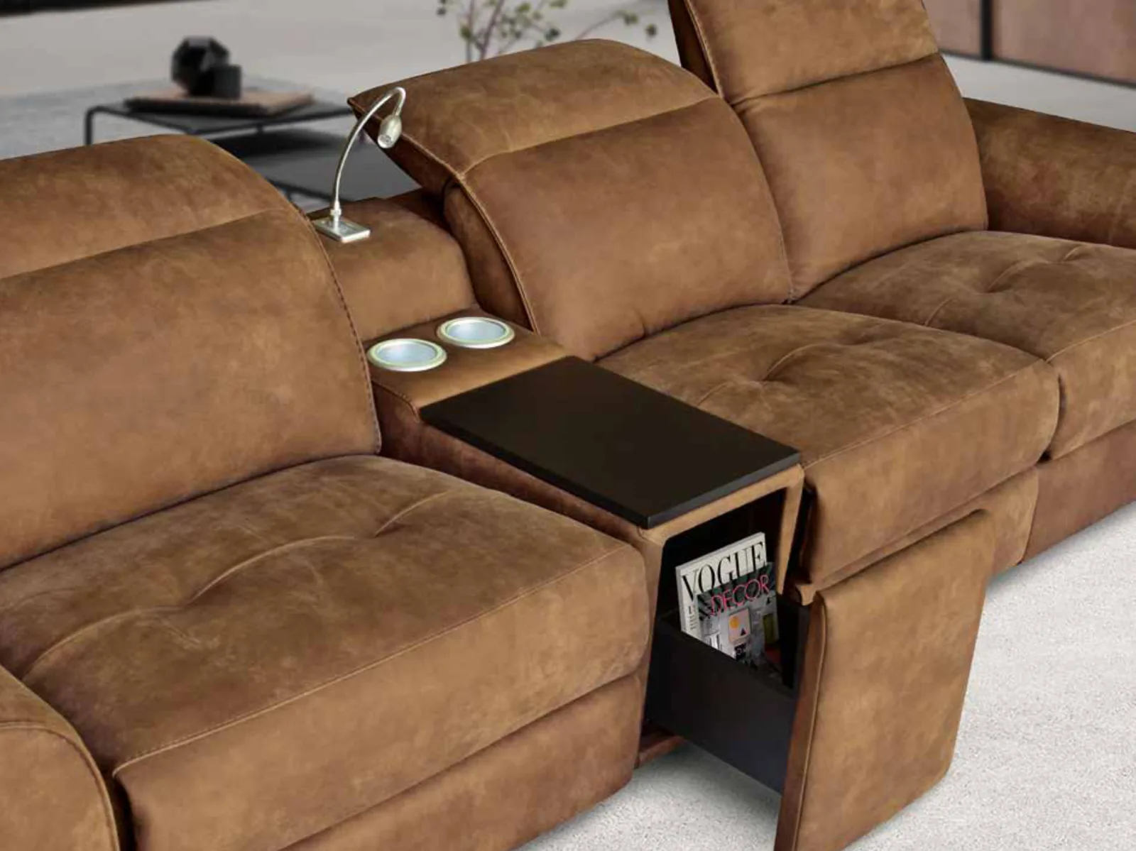 Made to measure cinema seating with integrated table, reading light, illuminated cup holders and side pocket