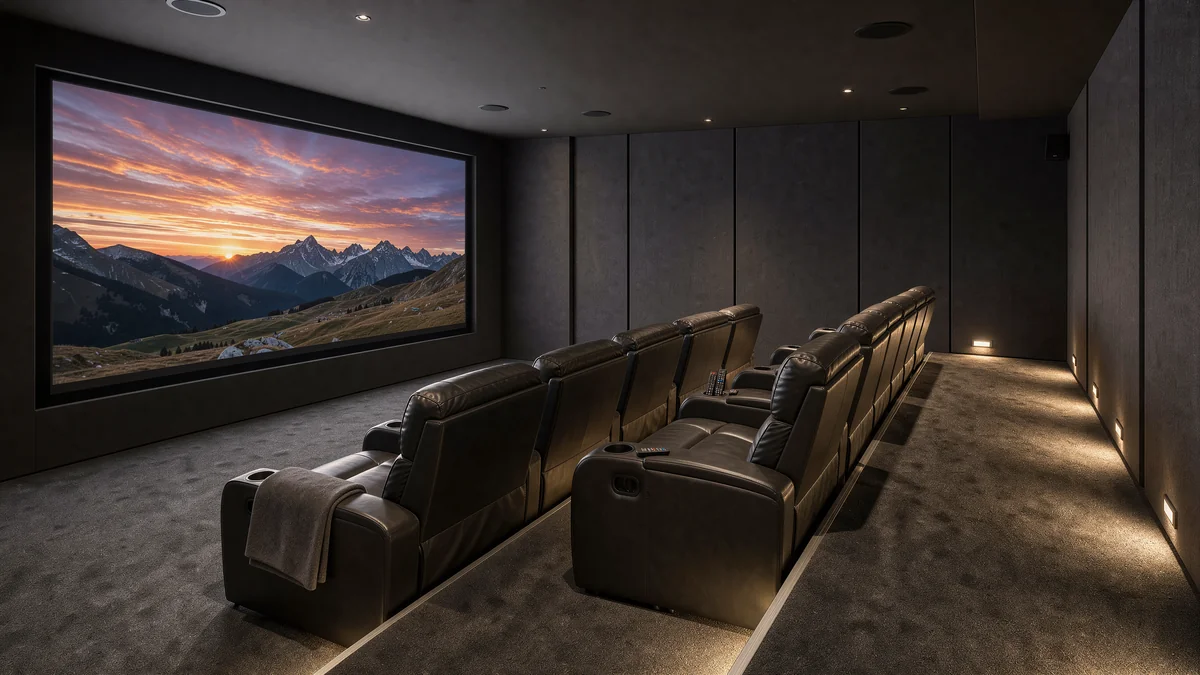 Sala cinema in casa: due file e diffusori a soffitto Sala cinema in casa con due file di poltrone, la seconda su pedana, e diffusori incassati nel controsoffitto