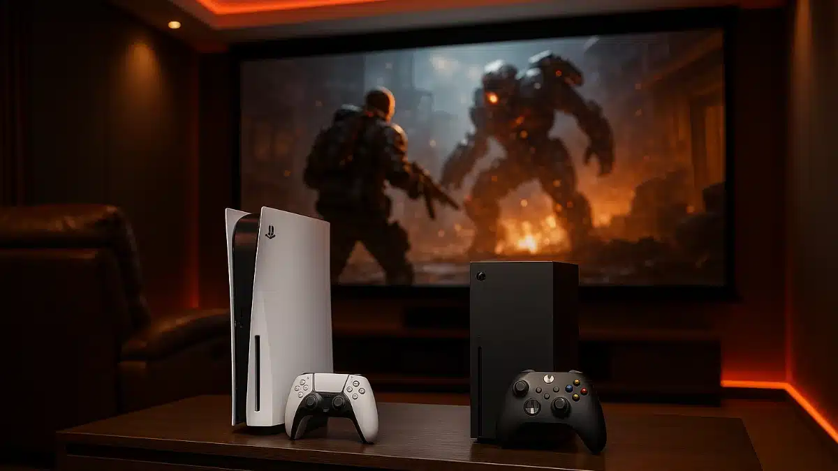 Console PS5 e Xbox integrate in una sala di home cinema e gaming per un’esperienza immersiva