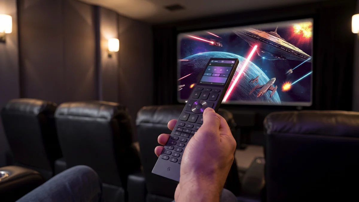 Home cinema chiavi in mano: telecomando Control4 Halo Touch Home cinema chiavi in mano: il telecomando Control4 Halo Touch che accende la sala con un tocco