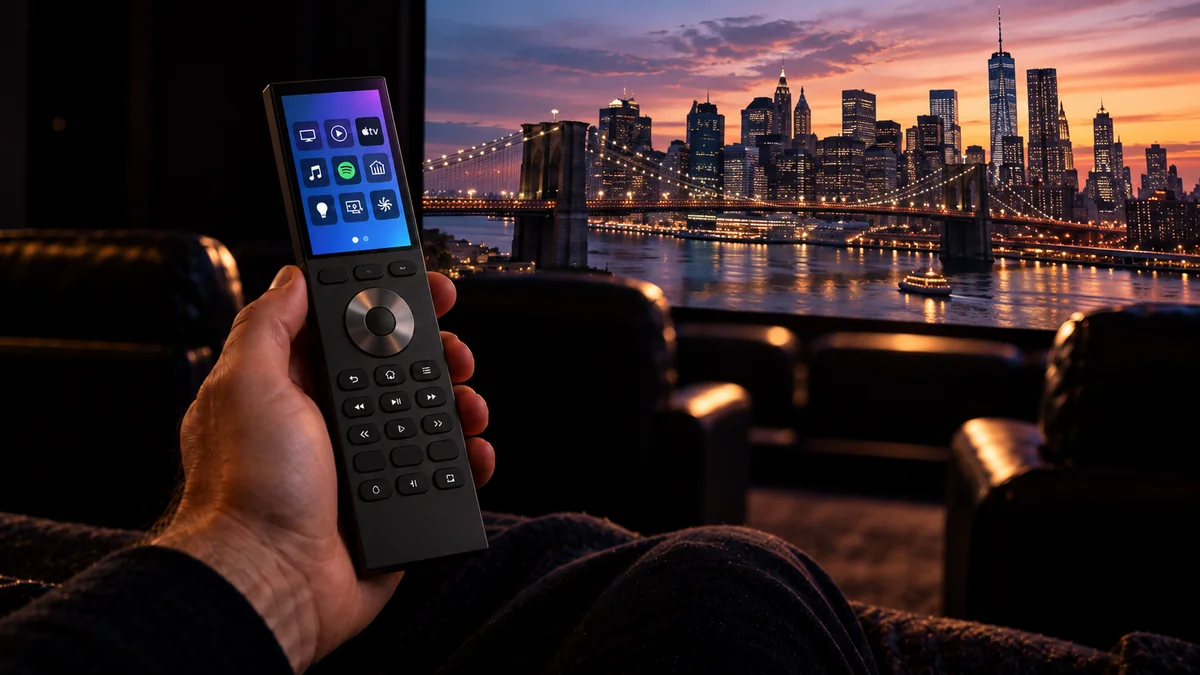 Home cinema chiavi in mano: telecomando Halo Touch Home cinema chiavi in mano: il telecomando Control4 Halo Touch che accende la sala con un tocco