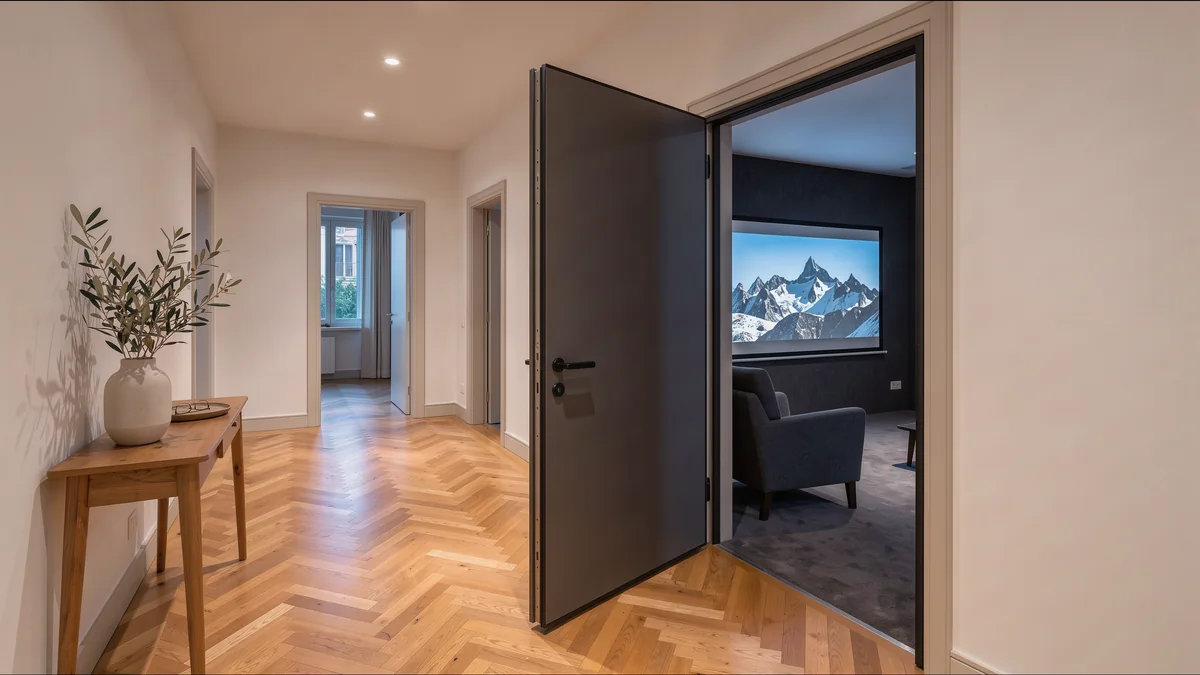 Copertina home cinema in appartamento Home cinema in appartamento: dal corridoio con il parquet a spina, la porta acustica aperta mostra la piccola sala scura con una poltrona e lo schermo acceso su montagne innevate
