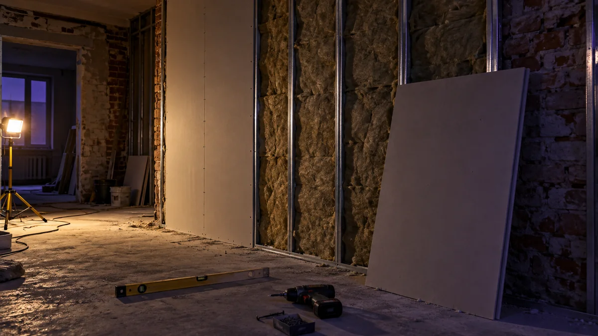 Insonorizzare una parete: controparete su telaio staccato Controparete in cartongesso su struttura metallica con lana minerale in vista, in un cantiere di sala home cinema