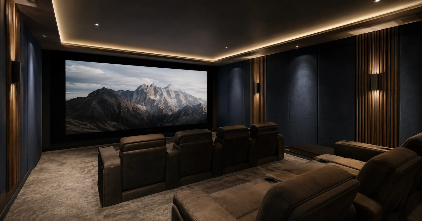 Italian home cinema design: private cinema with Italian materials and motorized seating, Ultra Experience