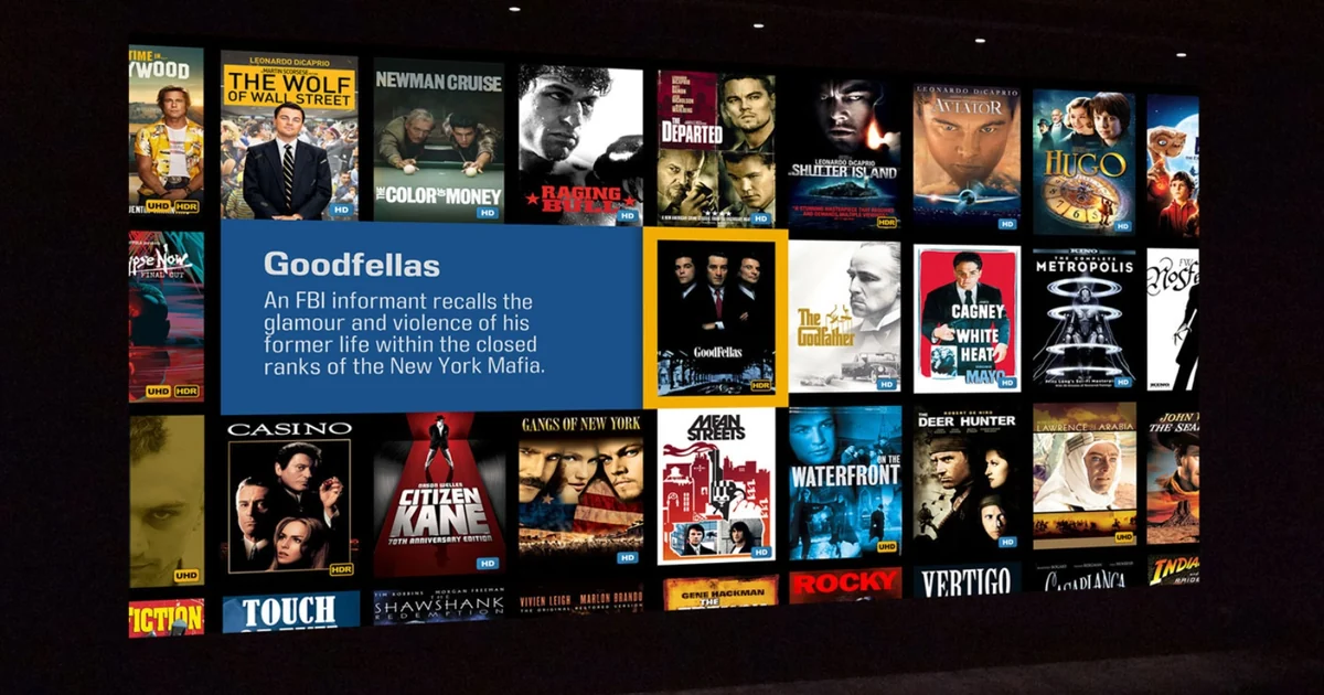 Kaleidescape, interfaccia con il catalogo dei film Interfaccia di Kaleidescape con la parete dei film, in una sala home cinema