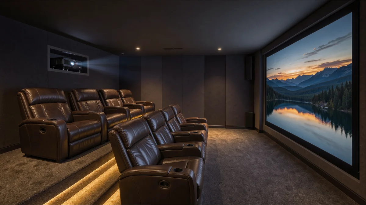 Sala home cinema dedicata vista di lato: il proiettore 4K nel vano della parete di fondo proietta sullo schermo acceso, davanti a due file di poltrone in pelle