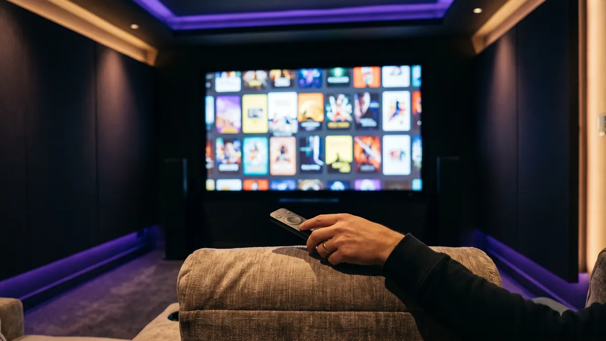 Sala cinema privata con il grande schermo sul menu di un servizio di streaming e il telecomando in mano dalla poltrona
