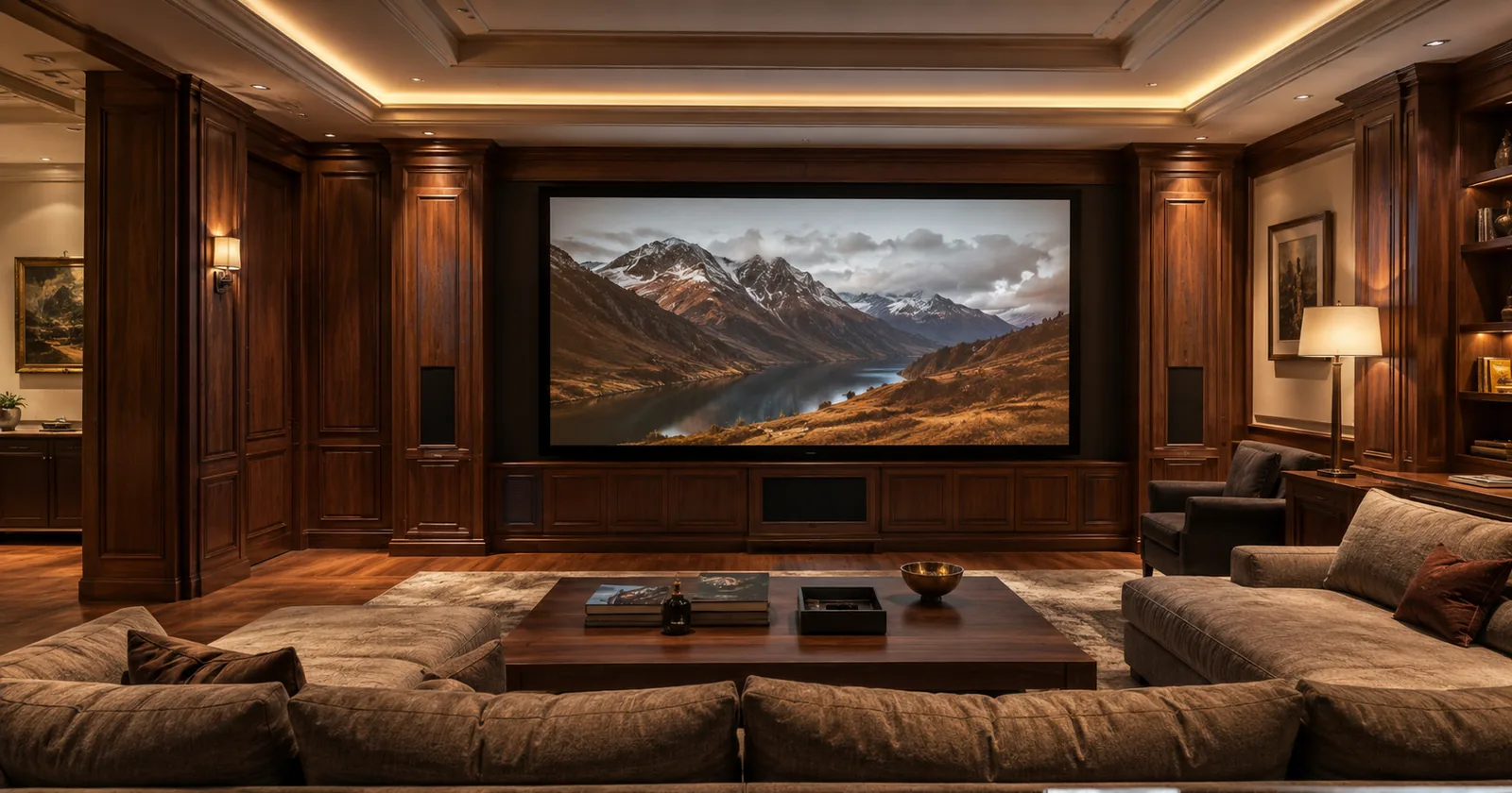 Home theater in Vicenza: media room with custom wood paneling hiding speakers, Ultra Experience