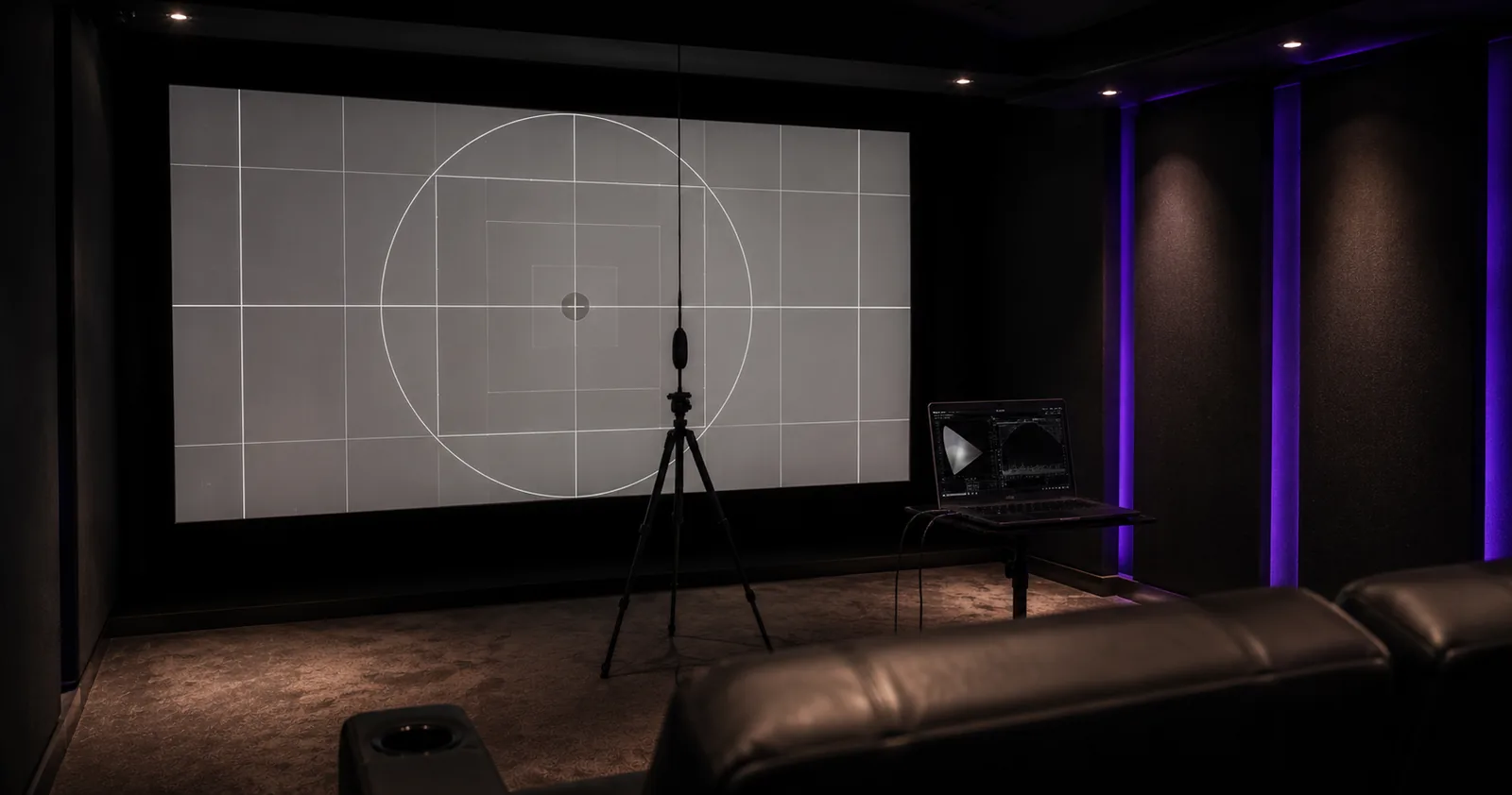 sala-home-cinema-calibrazione-acustica Calibrazione del proiettore con sonda davanti a uno schermo in sala buia
