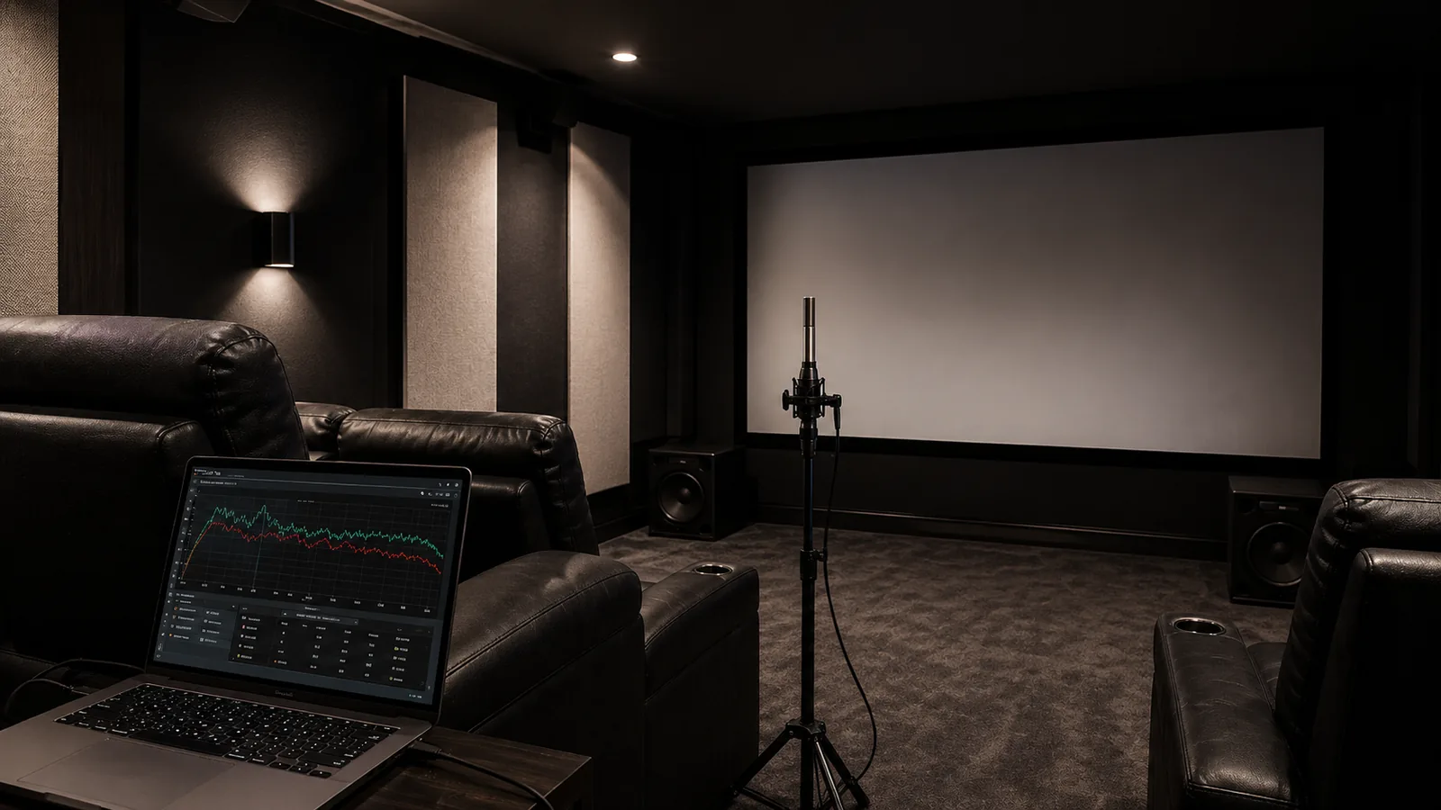 sala-home-cinema-calibrazione-audio-microfono Microfono di misura al posto di ascolto durante la taratura di una sala home cinema