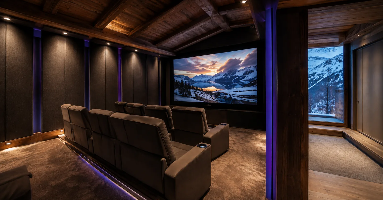sala-home-cinema-chalet-montagna-travi-legno Home cinema in Svizzera: sala cinema privata in uno chalet alpino, Ultra Experience