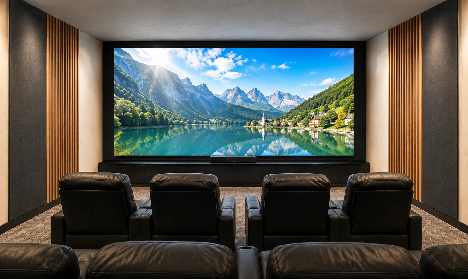sala-home-cinema-doghe-legno-poltrone Sala home cinema con schermo microled a parete e poltrone in pelle