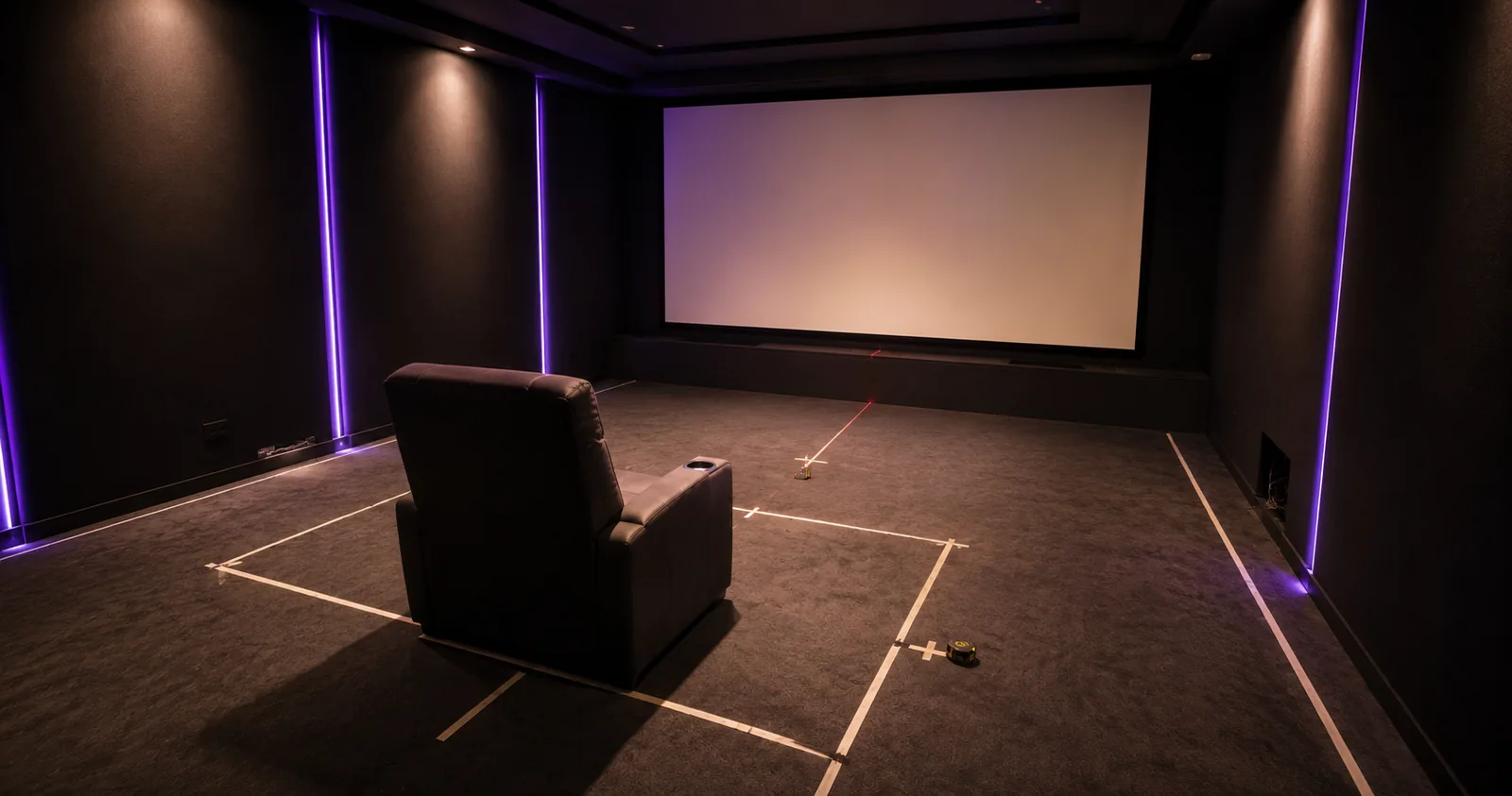 sala-home-cinema-fase-misurazione-durante Sala cinema in casa in fase di progettazione, con rilievo della stanza