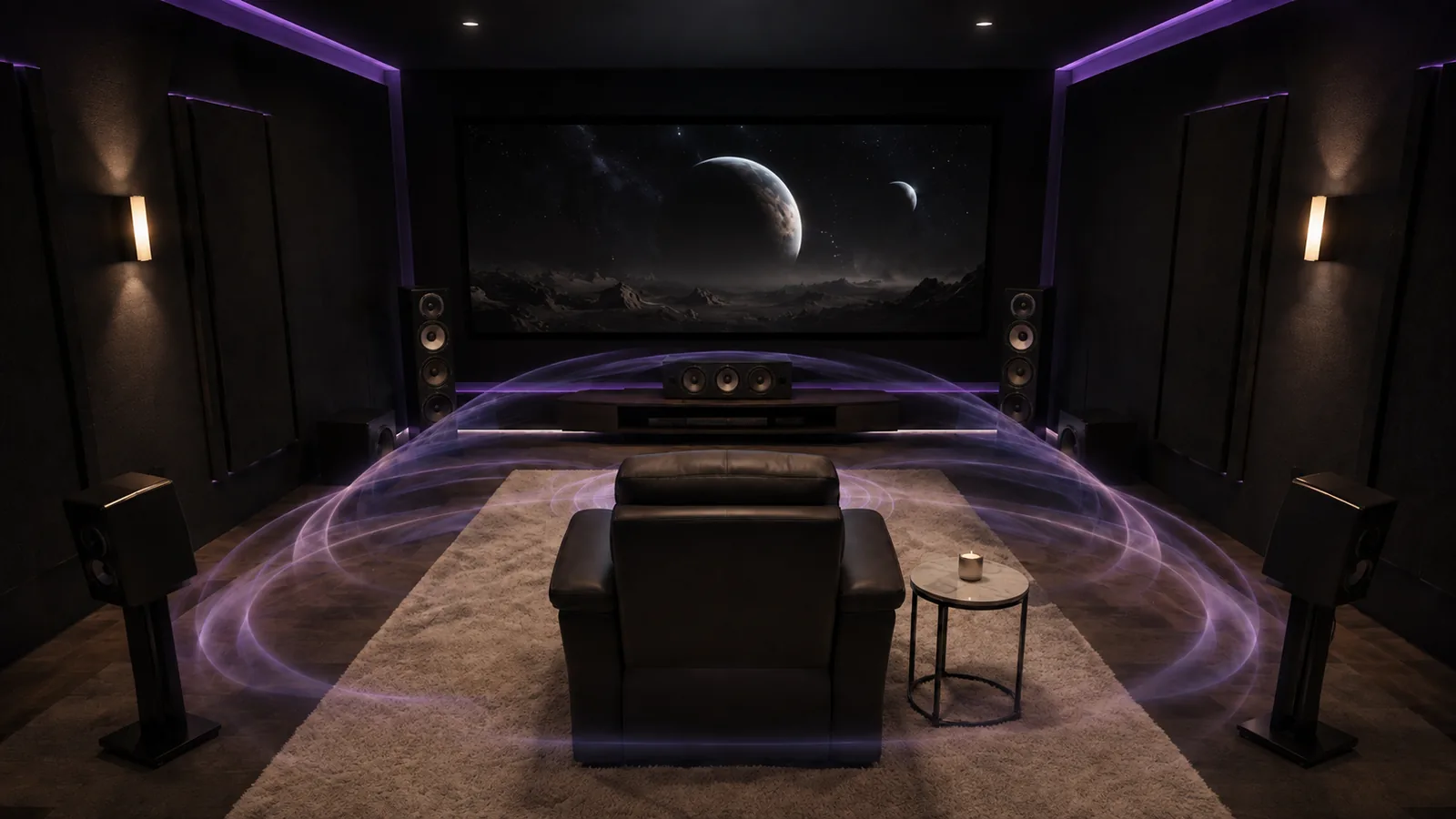 sala-home-cinema-poltrona-onde-sonore-avvolgenti Disposizione dei diffusori di un sistema surround 5.1 intorno alla poltrona