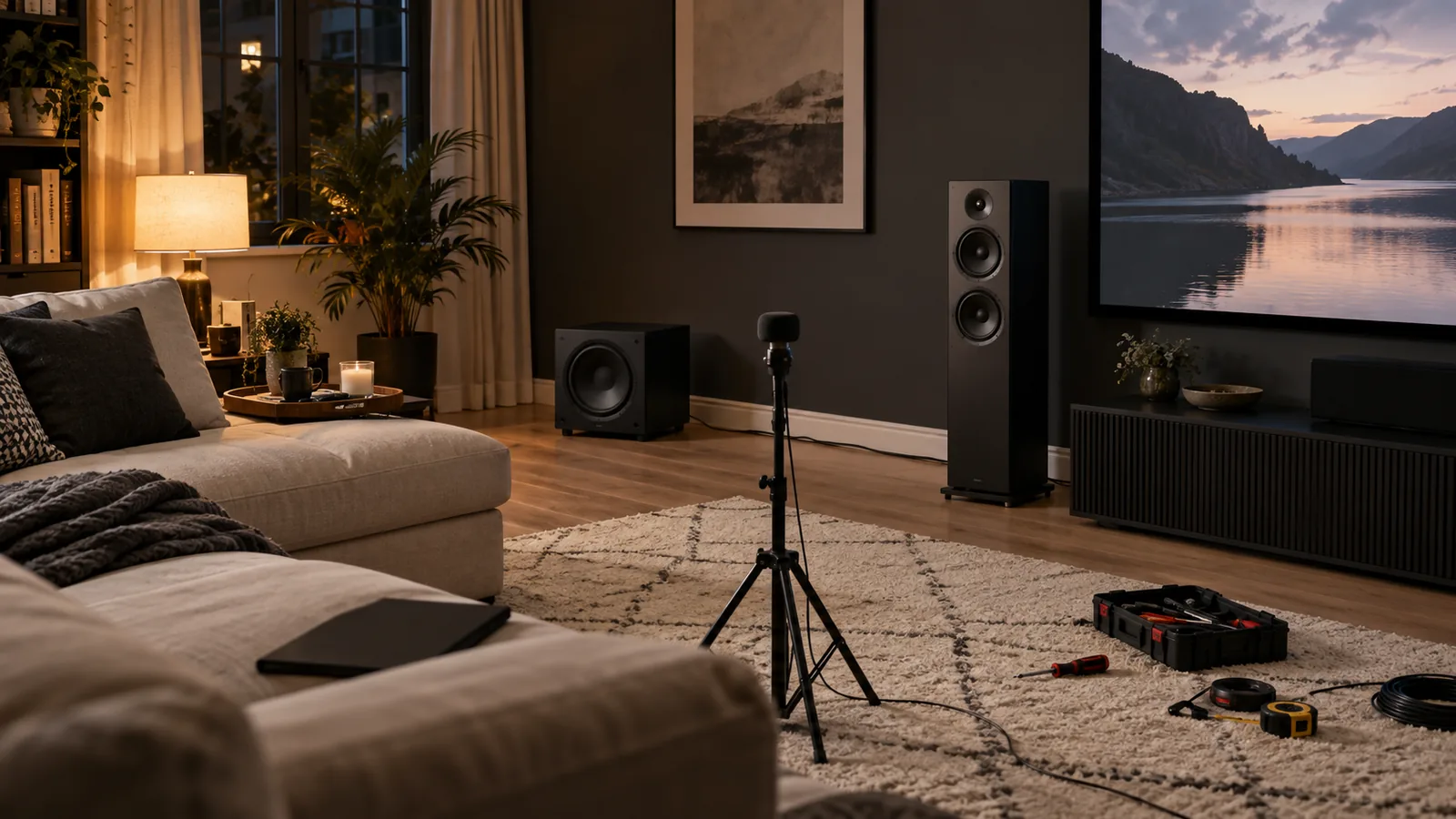 salotto-home-cinema-taratura-durante Impianto surround in allestimento con microfono di misura nella posizione di ascolto