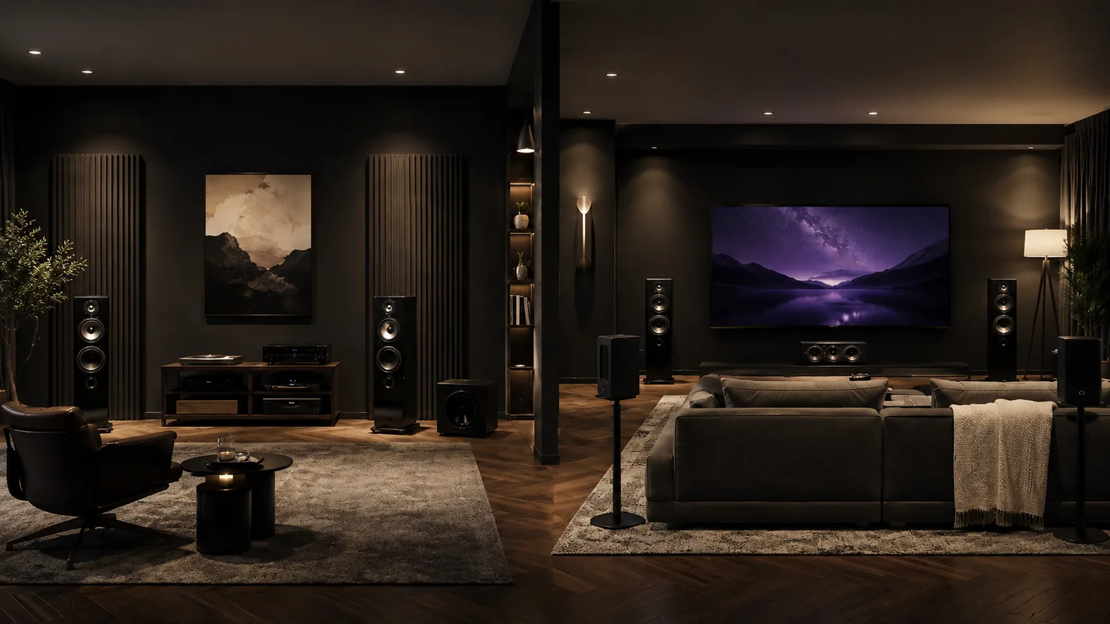 salotto-scuro-doppia-zona-ascolto-visione Home theatre 2.1 o 5.1: confronto tra le due configurazioni in salotto