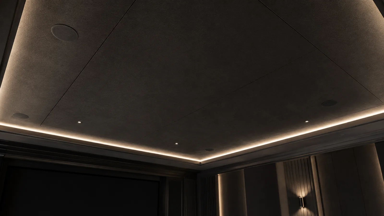soffitto-home-cinema-diffusori-atmos-incasso Colori sala home cinema: pareti scure e opache in una sala cinema privata, Ultra Experience