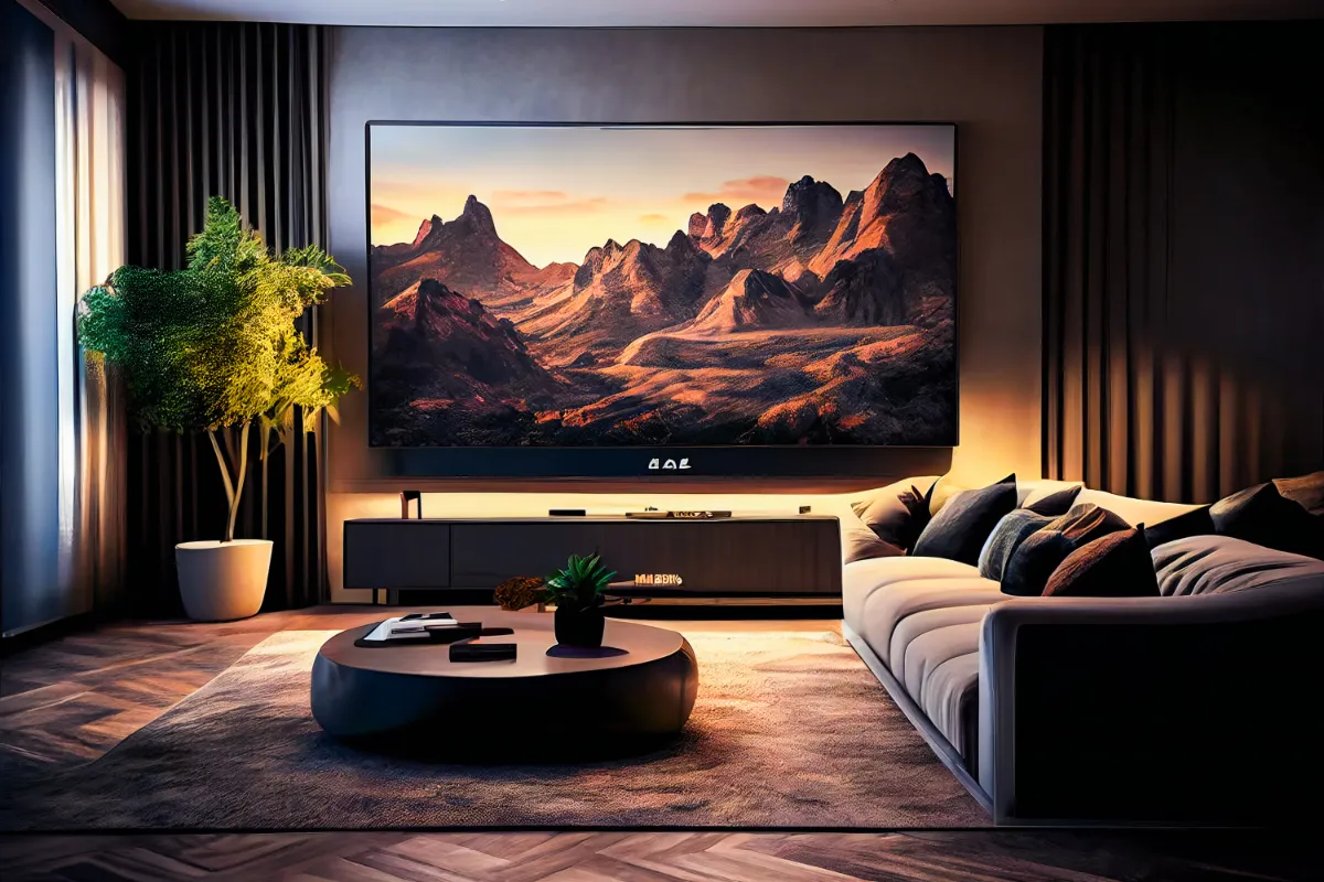 soggiorno-con-grande-tv-a-parete Film in casa - Cine Home - Cinema in Casa - TV100 pollici