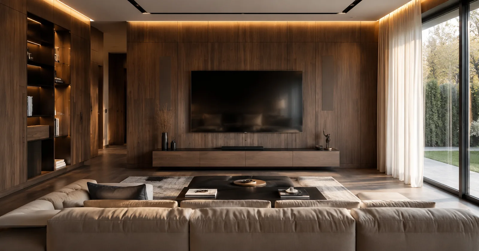 soggiorno-parete-legno-tv-grande-vetrata Media room: soggiorno con schermo grande e audio invisibile integrato nell'arredo, Ultra Experience