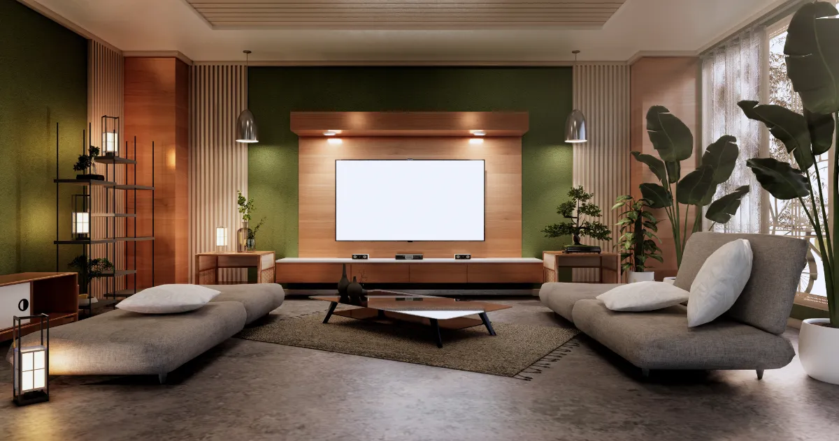 soggiorno verde minimo rendering 3d