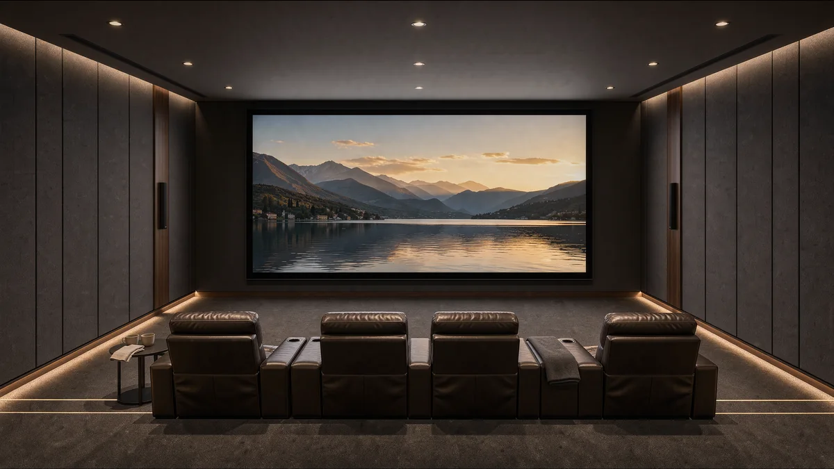 Copertina telo fonotrasparente Telo fonotrasparente a tutta larghezza in una sala home cinema scura: schermo acceso su un lago fra le montagne, nessun diffusore frontale in vista, poltrone in pelle in una fila continua