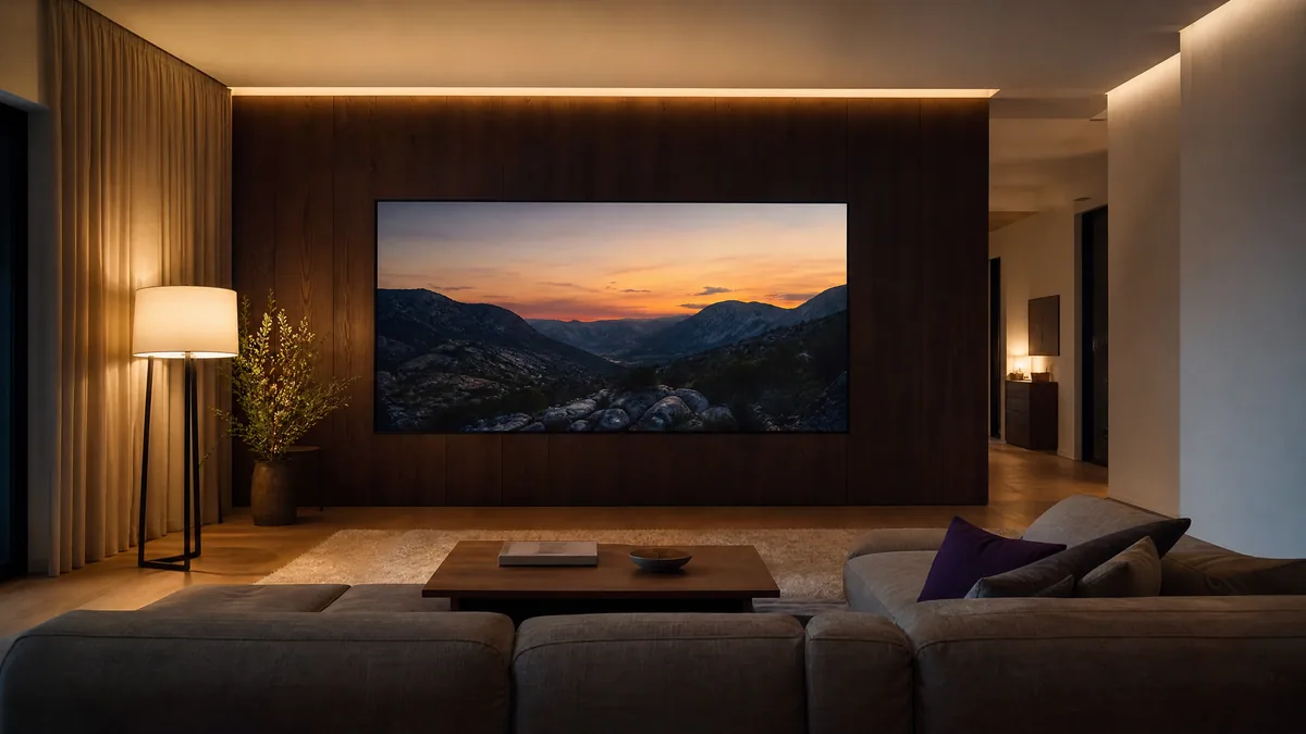 TV 100 pollici in soggiorno Soggiorno con un TV da 100 pollici incassato a filo in una parete di noce, divano a circa tre metri e mezzo dallo schermo, luce calda indiretta