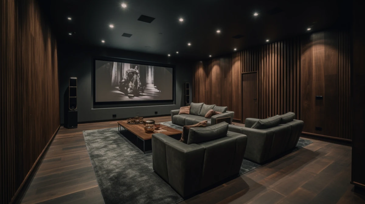 un home theater con un grande schermo che dice la casa e sul muro