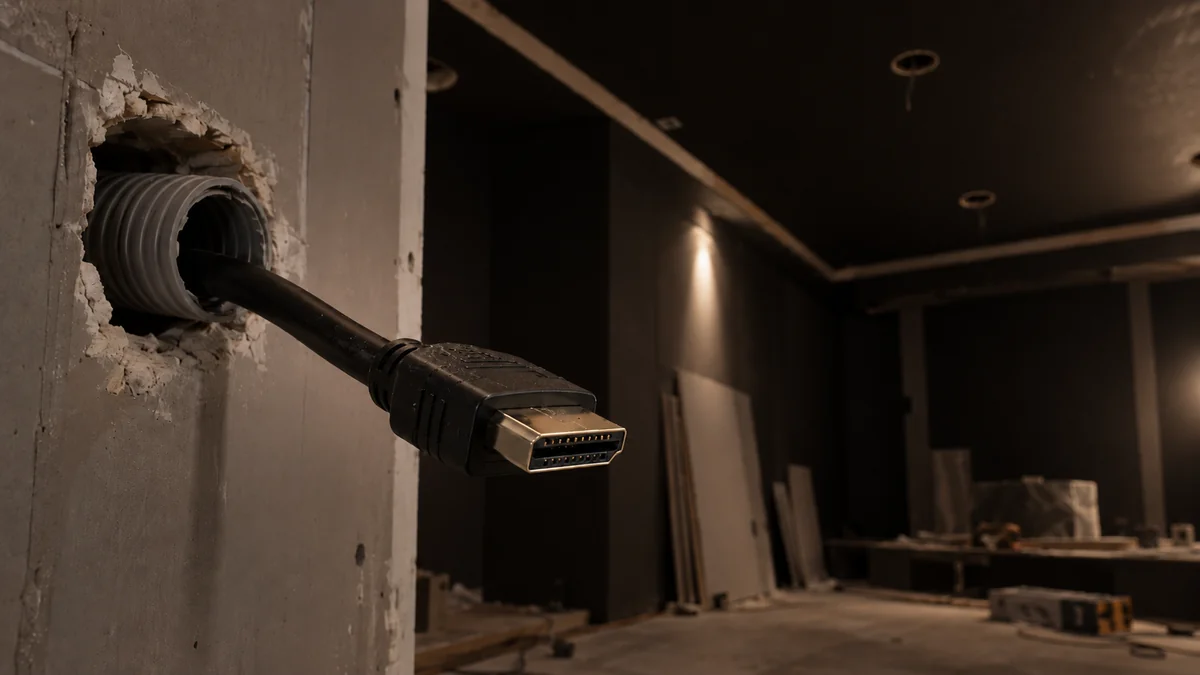 Versioni HDMI: cavo che esce da una canalina Cavo HDMI che esce da una canalina in una parete in cartongesso: le versioni HDMI cambiano, la tubazione resta